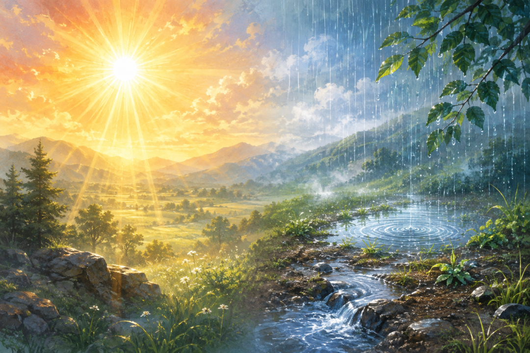 陽光が差す渓谷の隣で雨が降り、水が大地を流れる幻想的な風景